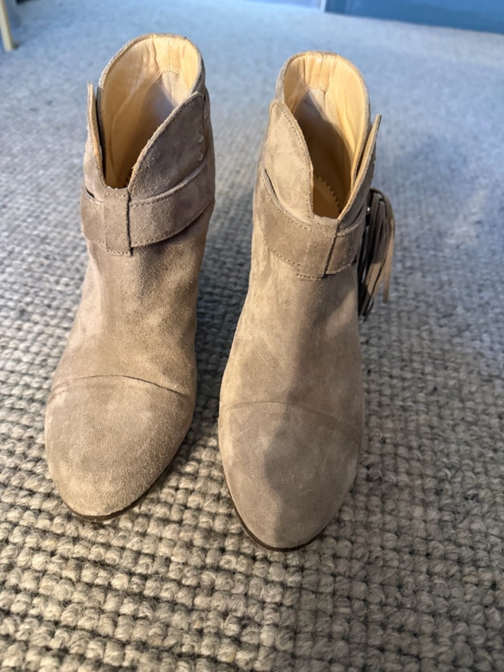 rag & bone Taupe Suede Ankle Booties with Fringe Strap